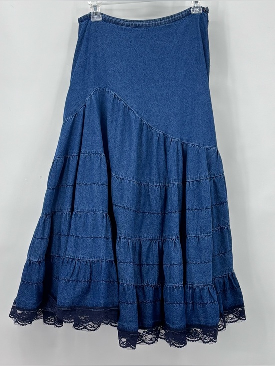Mix Nouveau Dresses & Skirts - Mix nouveau Layered Denim western boho prairie tiered Maxi Skirt Sz Med lace